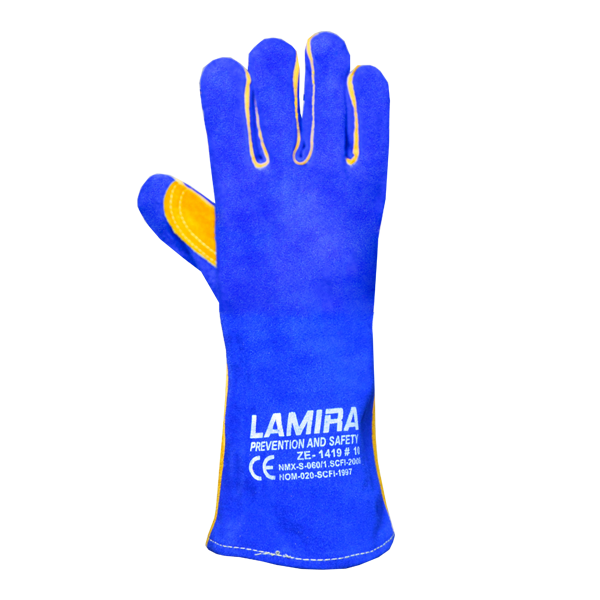 GUANTE CARNAZA CON HILO DE KEVLAR FORRO DE ALGODÓN Y REFUERZO EN PALMA Y PUÑO PARA SOLDADOR LAMIRA (PAR) AZUL/AMARILLO AS-4060 # 10